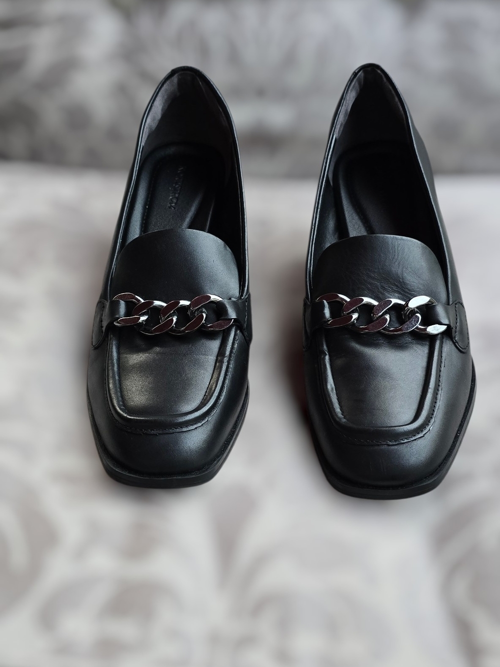Nordstrom Black Leather Chain Link Block Heel Loafers Square Toe